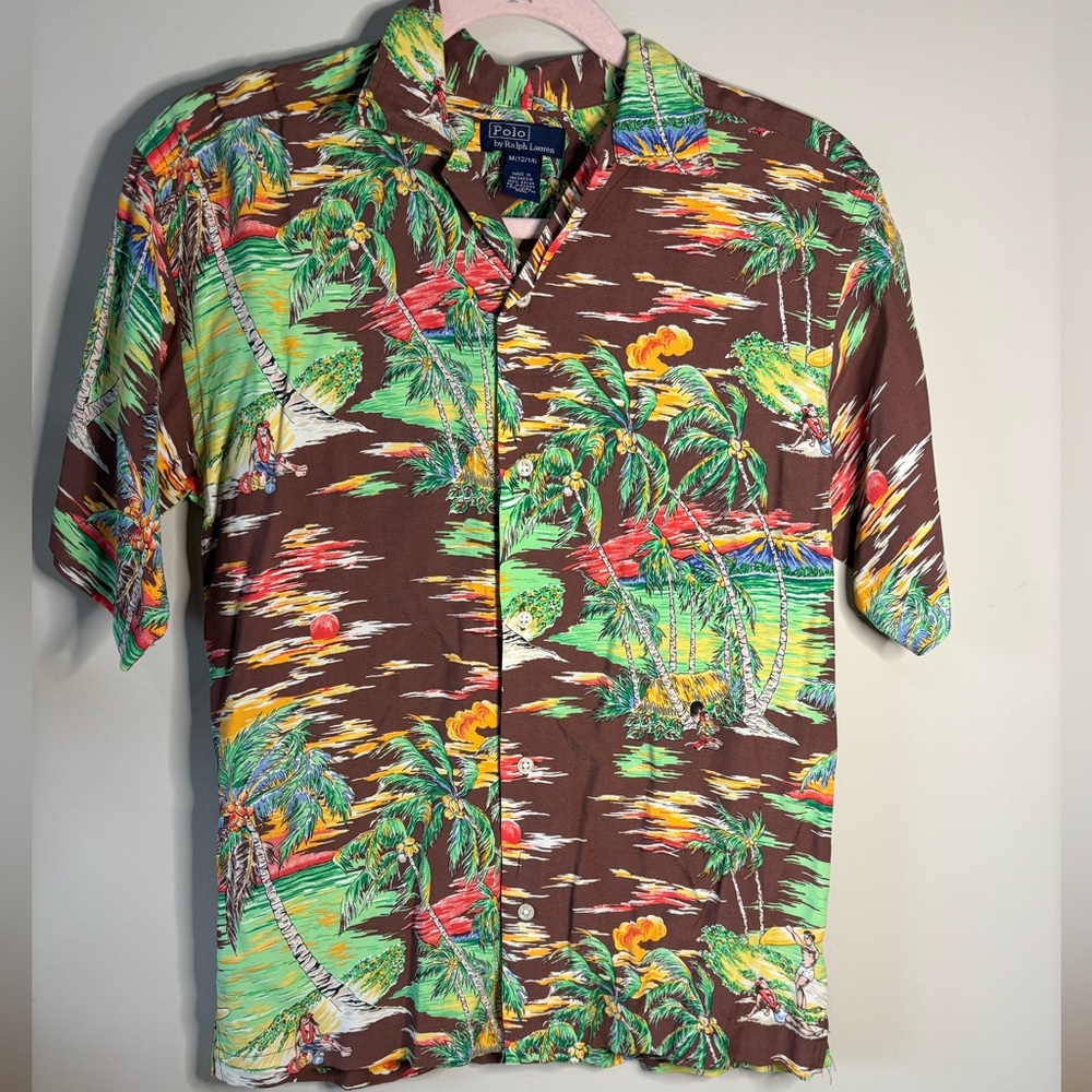 Polo Ralph Lauren vintage Brown/Green Hawaiian Loop  Collar youth size M 10-12‎